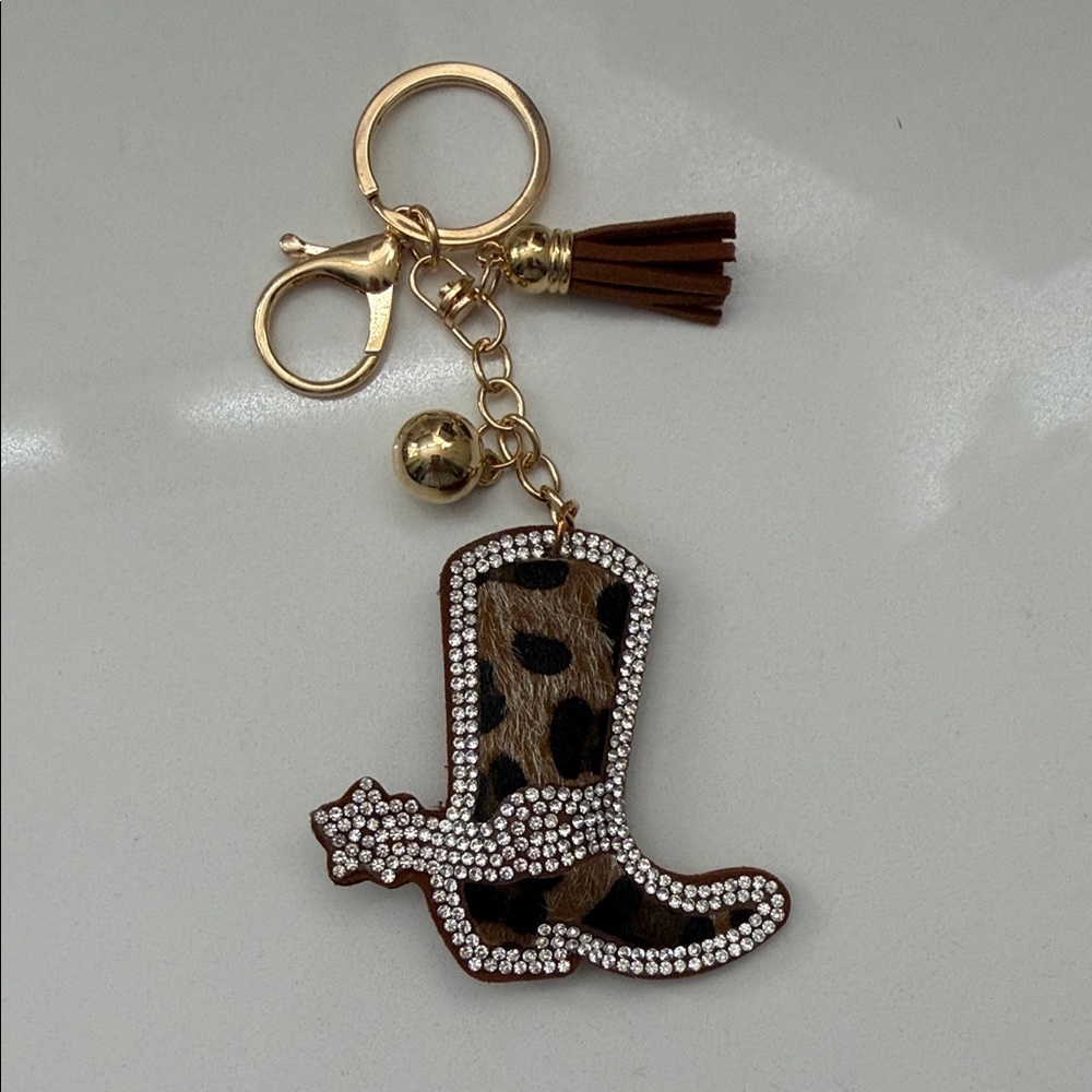 Leopard Print Boot Keychain with Gold Accents